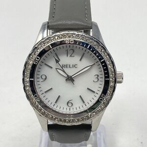 Relic Watch Women 38mm Silver Tone MOP Pave Crystal Bling Leather New Battery